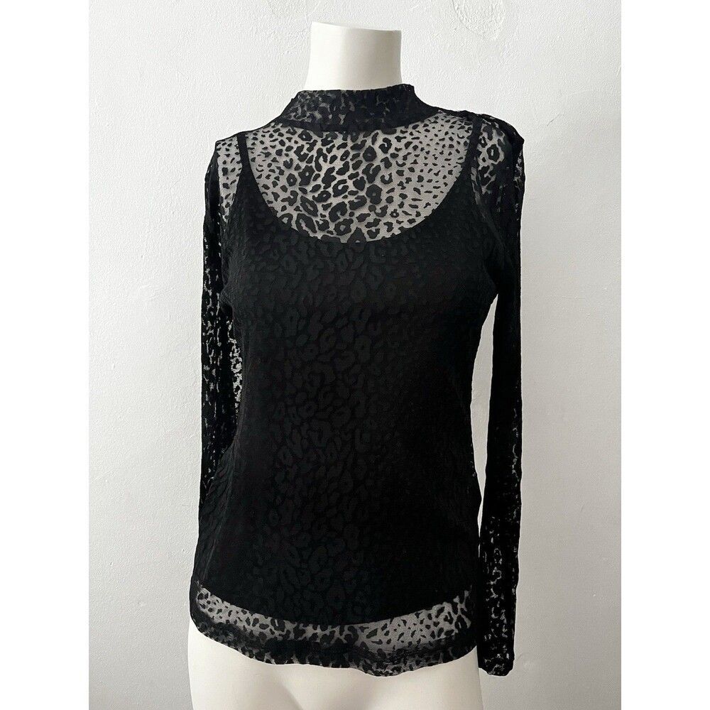 Vince Camuto Mockneck top Sz XS Black Sheer Leopard Mesh Camisole Witchy Egirl